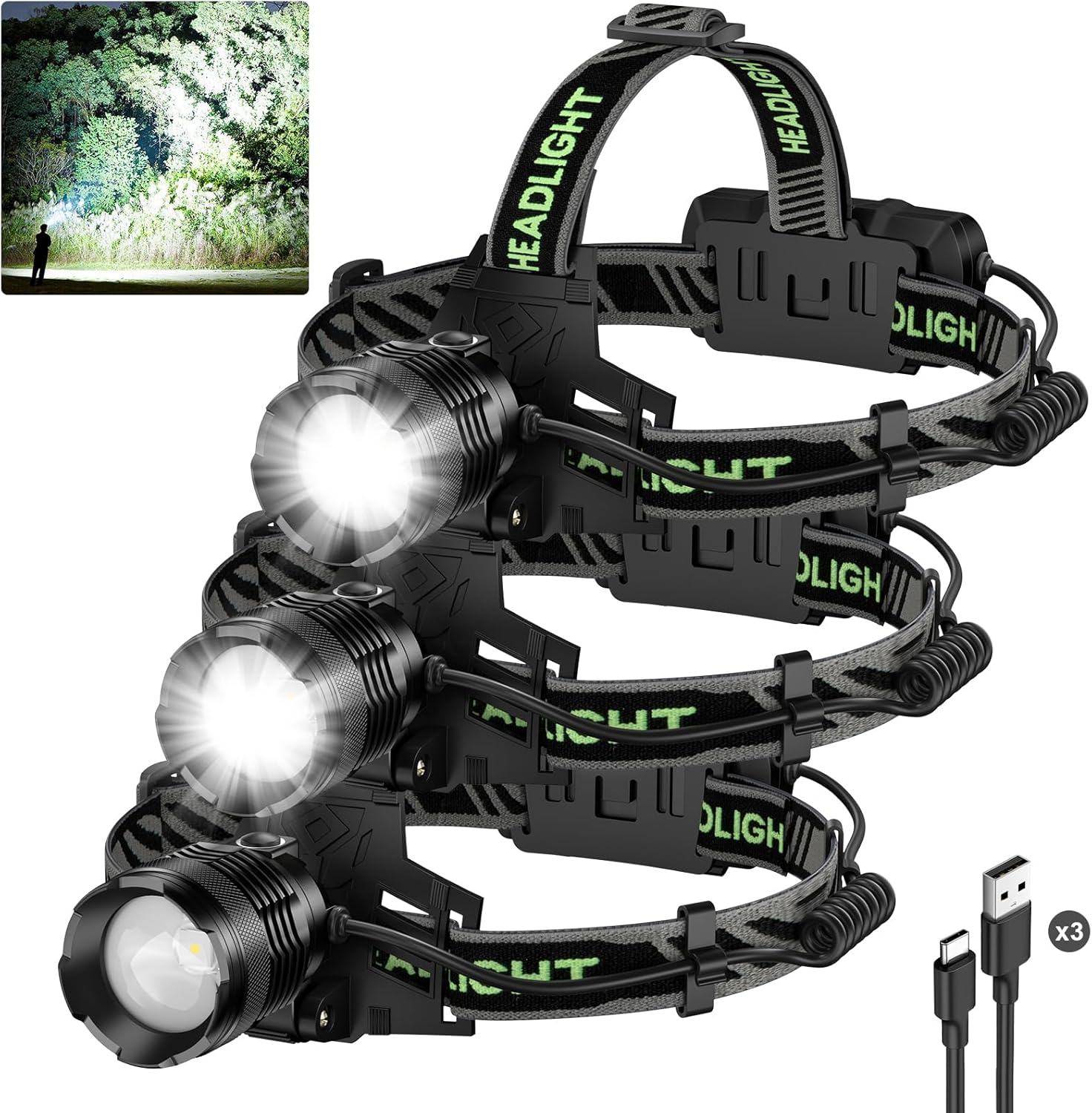 Rechargeable Headlamp Super Bright, 99000 Lumens LED Head Lamp with 3 Modes, 90° Adjustable Focus, IPX6 Waterproof