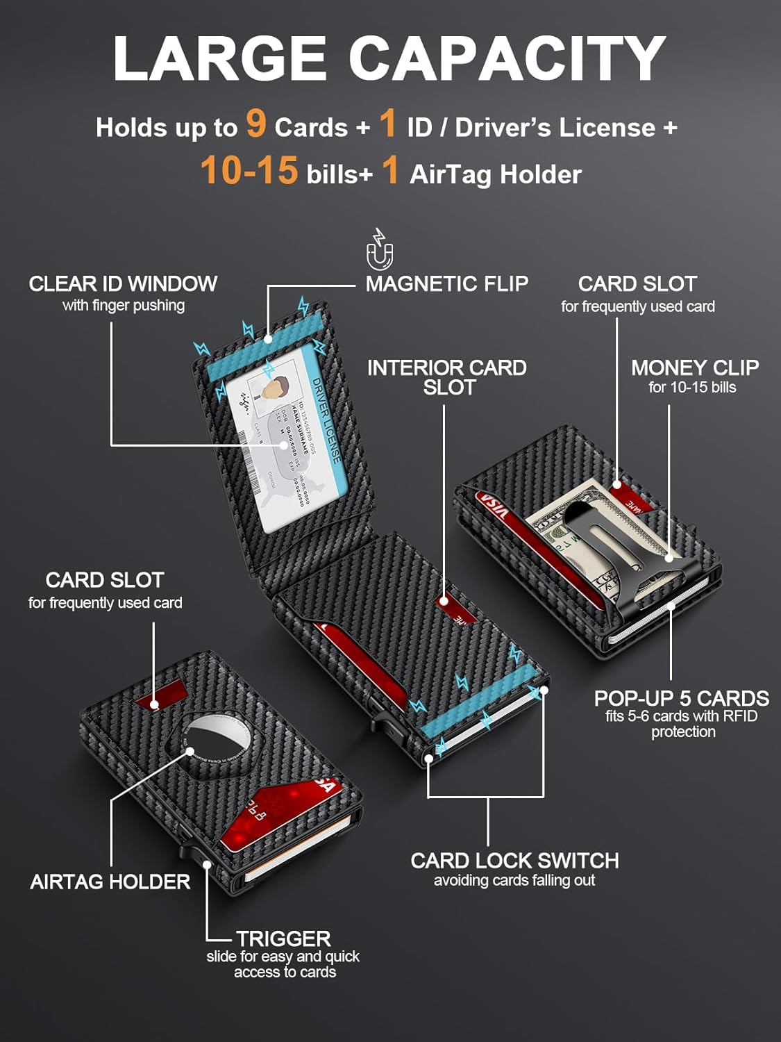 Smart AirTag Wallet for Men - RFID Blocking Metal Card Holder with Pop-Up Design