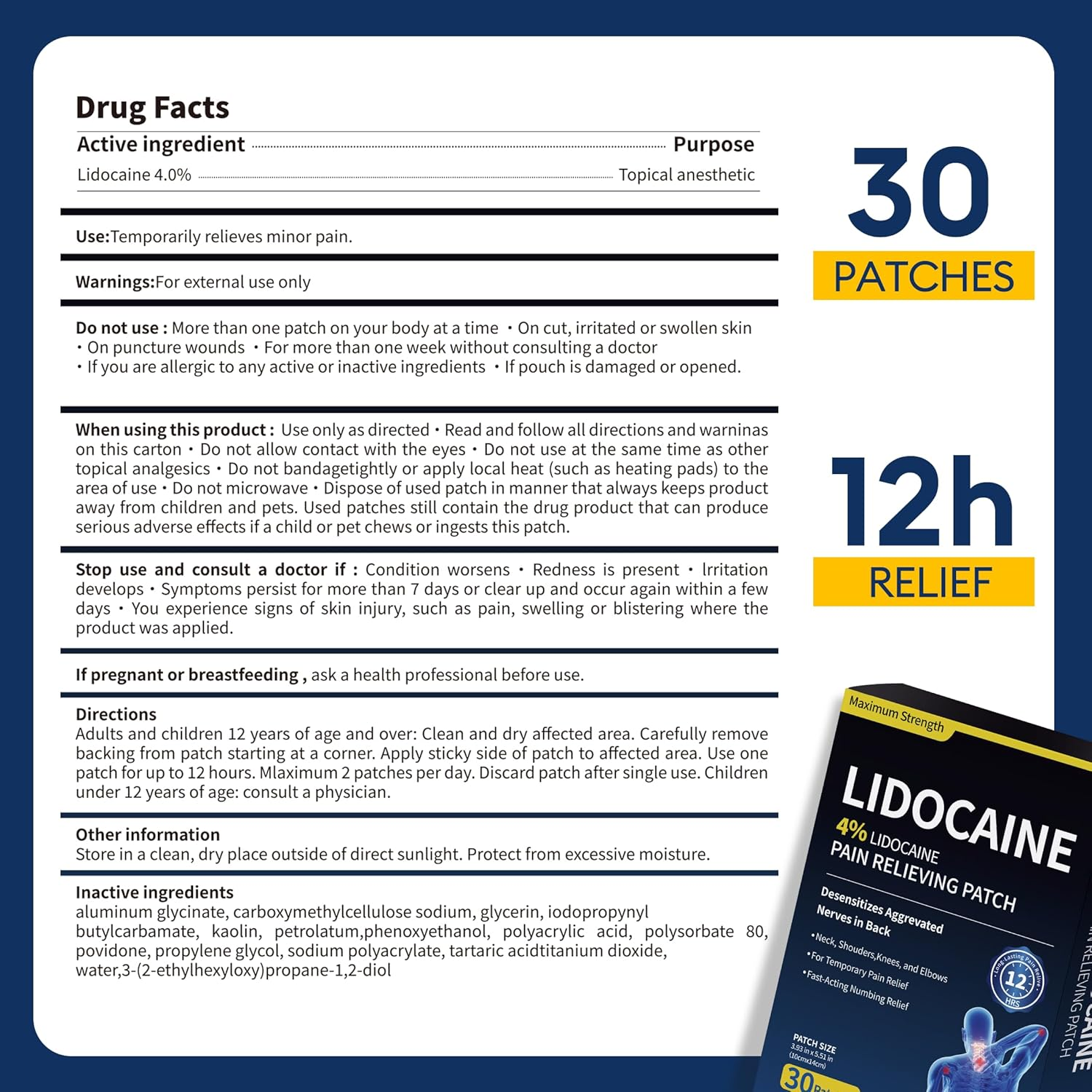 4% Lidocaine Pain Relief Patches - Maximum Strength for Back, Neck & Joint Pain (30 Large Patches)