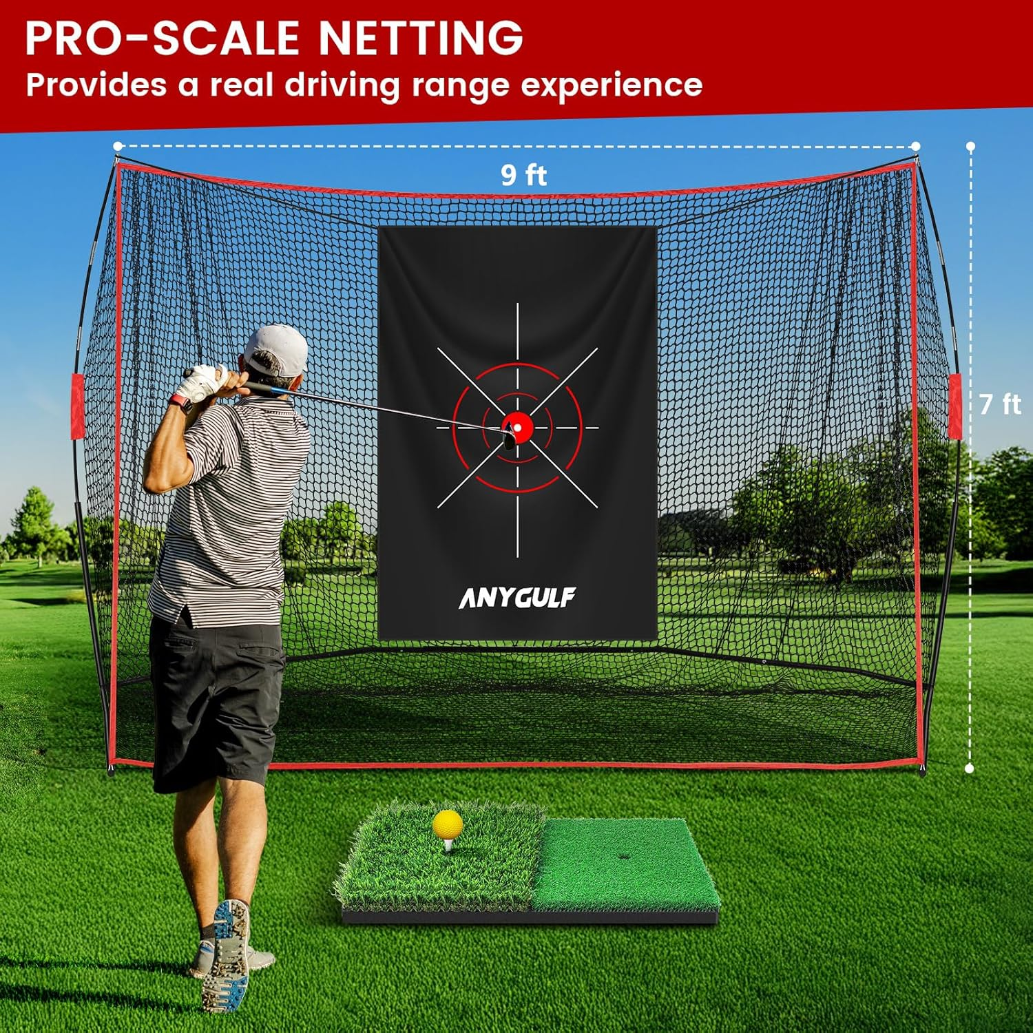 Pro Golf Practice Net 9x7ft Heavy Duty with Mat - Indoor Outdoor Training