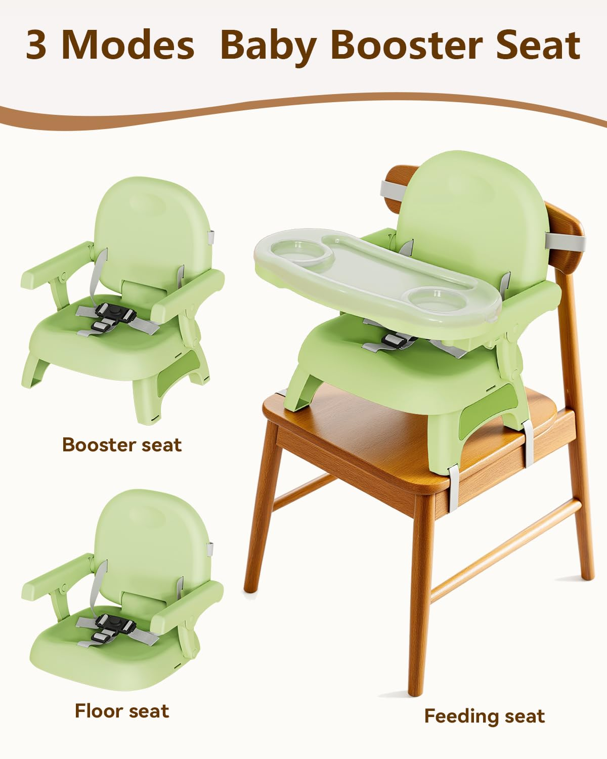 3-in-1 Booster Seat for Kitchen Chair - Foldable with Detachable Tray & 3-Point Harness