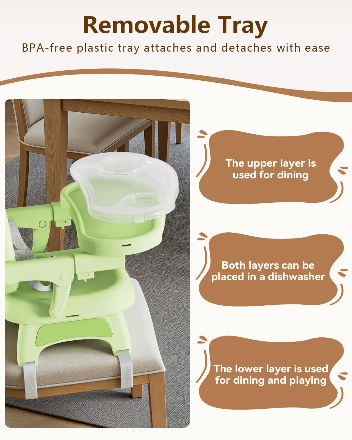 3-in-1 Booster Seat for Kitchen Chair - Foldable with Detachable Tray & 3-Point Harness