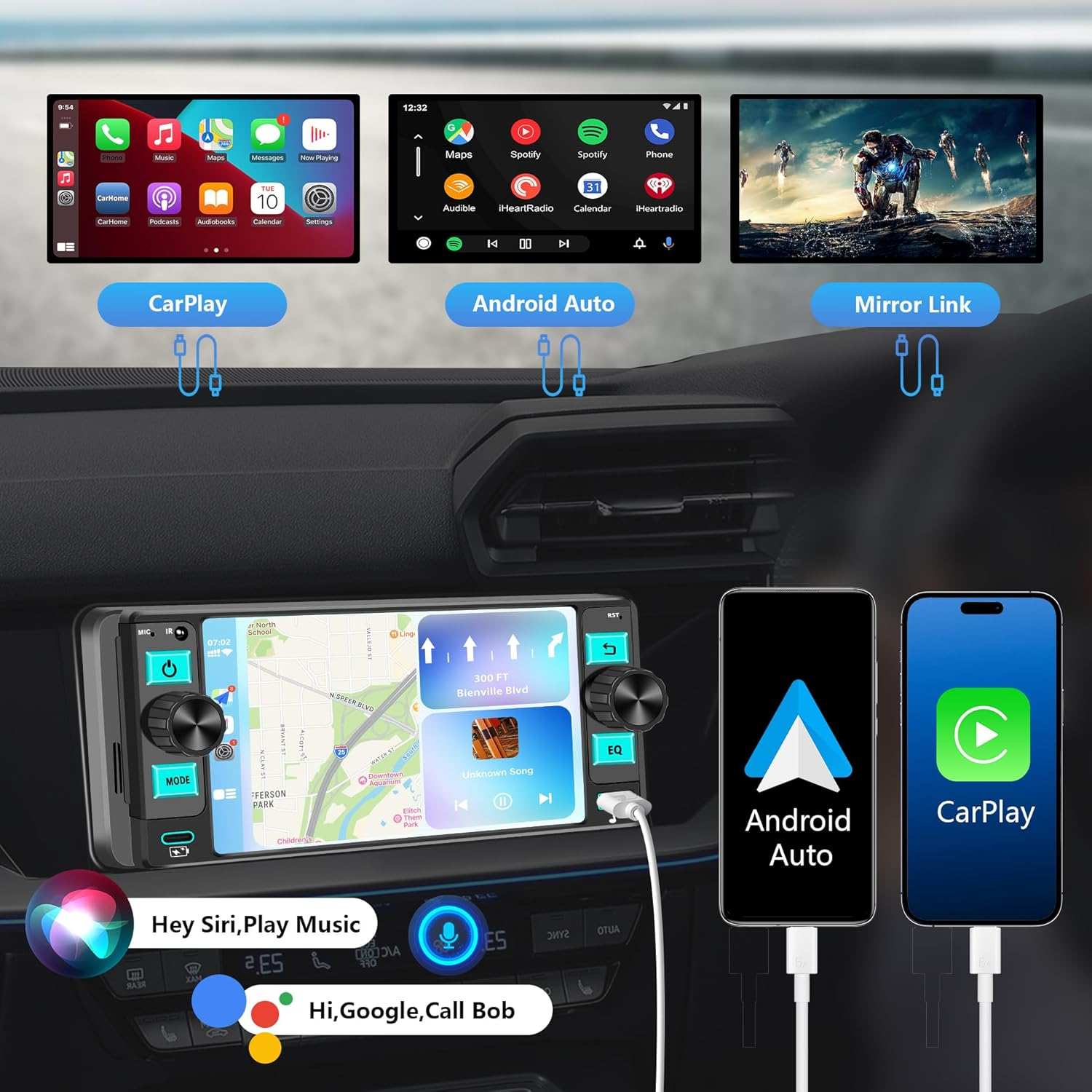 Single Din Car Stereo with Apple CarPlay - 5.7" HD Touchscreen Radio with Bluetooth & Android Auto