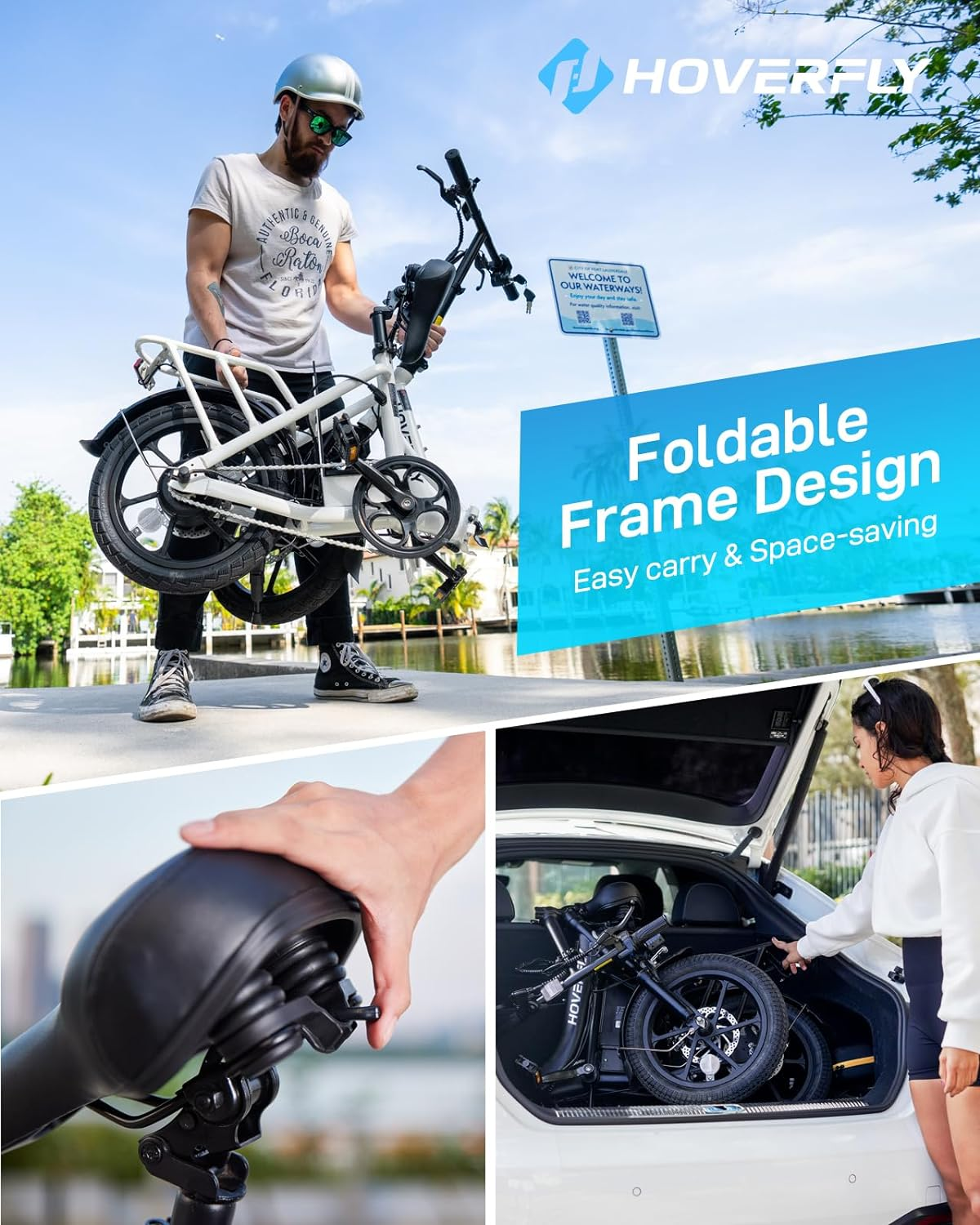 HOVERFLY H3 16" Folding Electric Bike - 28 Mile Range, Pedal Assist, Removable Battery, White