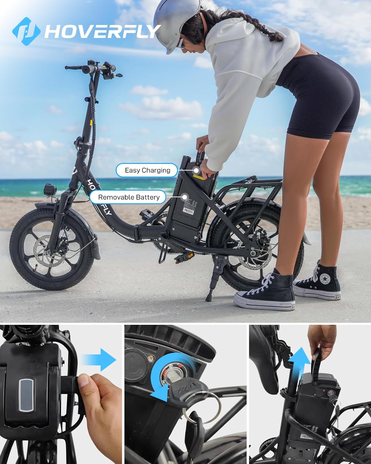 HOVERFLY H3 16" Folding Electric Bike - 28 Mile Range, Pedal Assist, Removable Battery, White