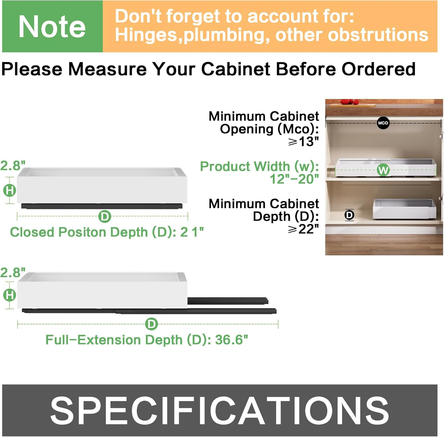 Pull Out Cabinet Organizer - Extendable 12-20" Heavy Duty Drawer with Nano Adhesive