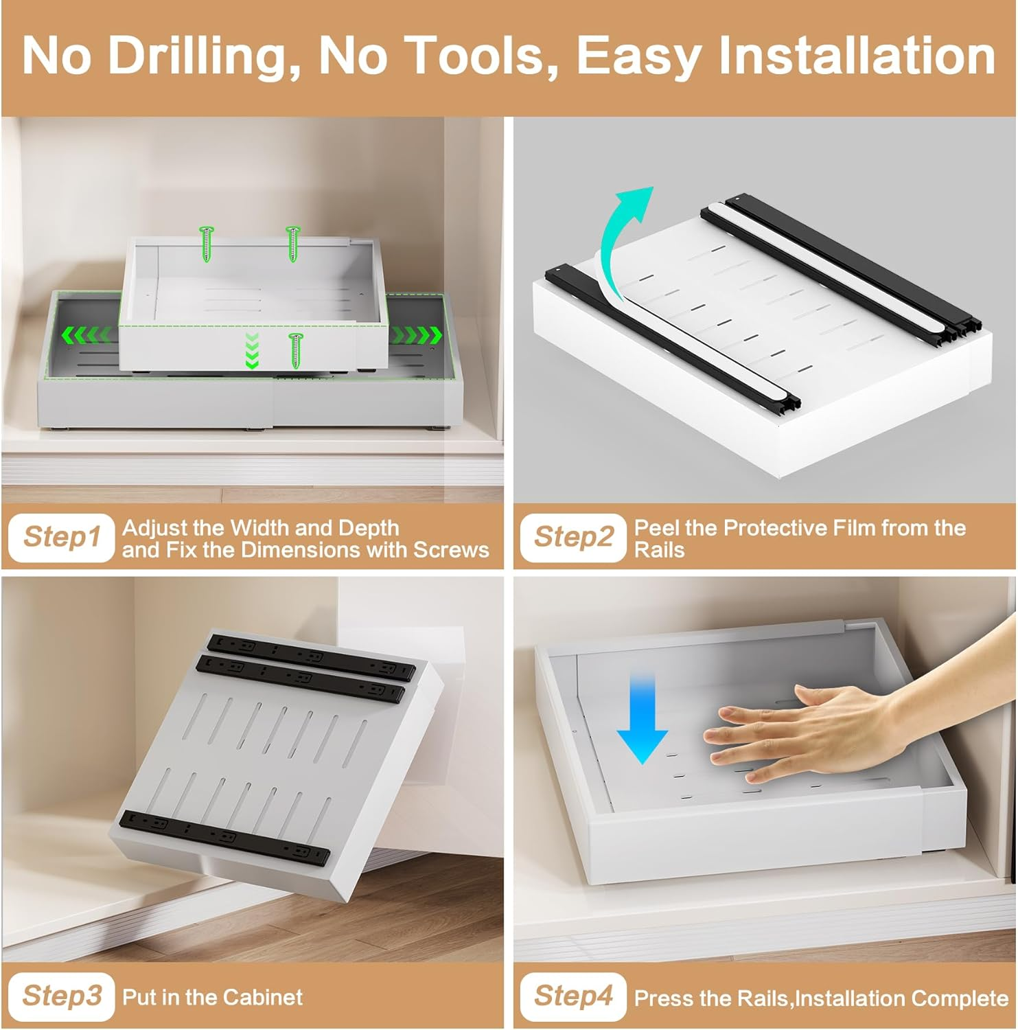Pull Out Cabinet Organizer - Extendable 12-20" Heavy Duty Drawer with Nano Adhesive