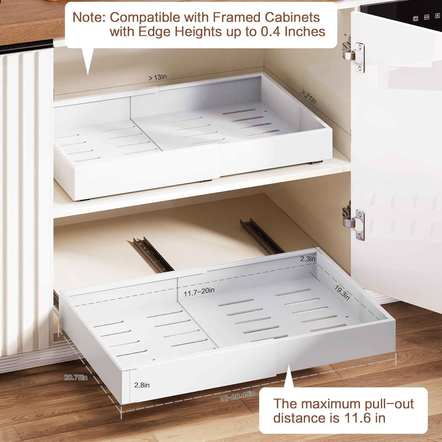 Pull Out Cabinet Organizer - Extendable 12-20" Heavy Duty Drawer with Nano Adhesive