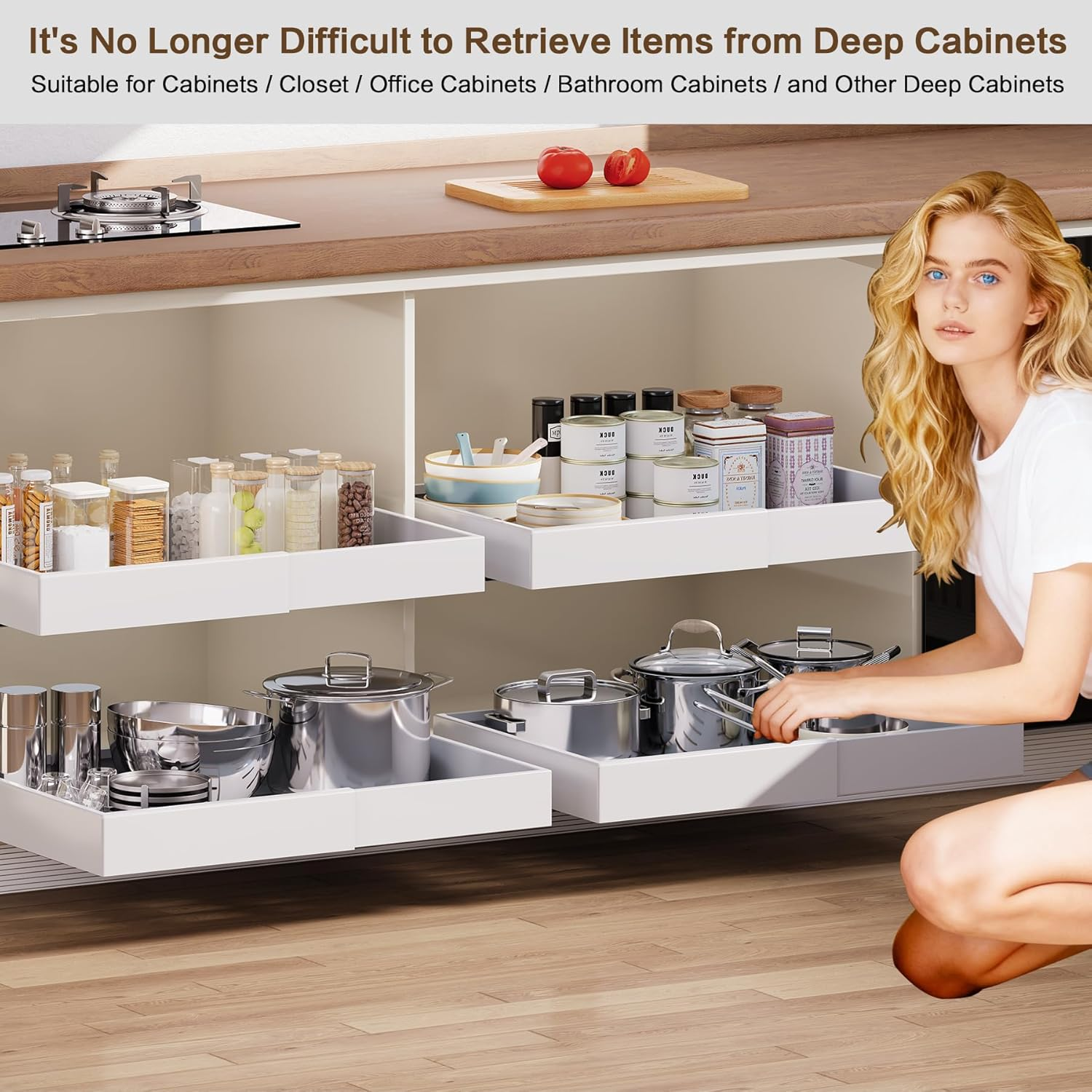 Pull Out Cabinet Organizer - Extendable 12-20" Heavy Duty Drawer with Nano Adhesive