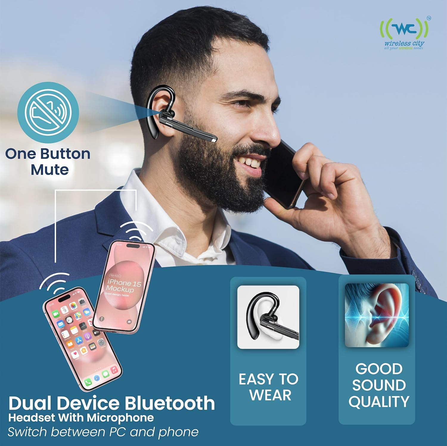 Wireless Bluetooth Headset with Mic & Noise Cancelling - 72H Talk Time for Truck Drivers