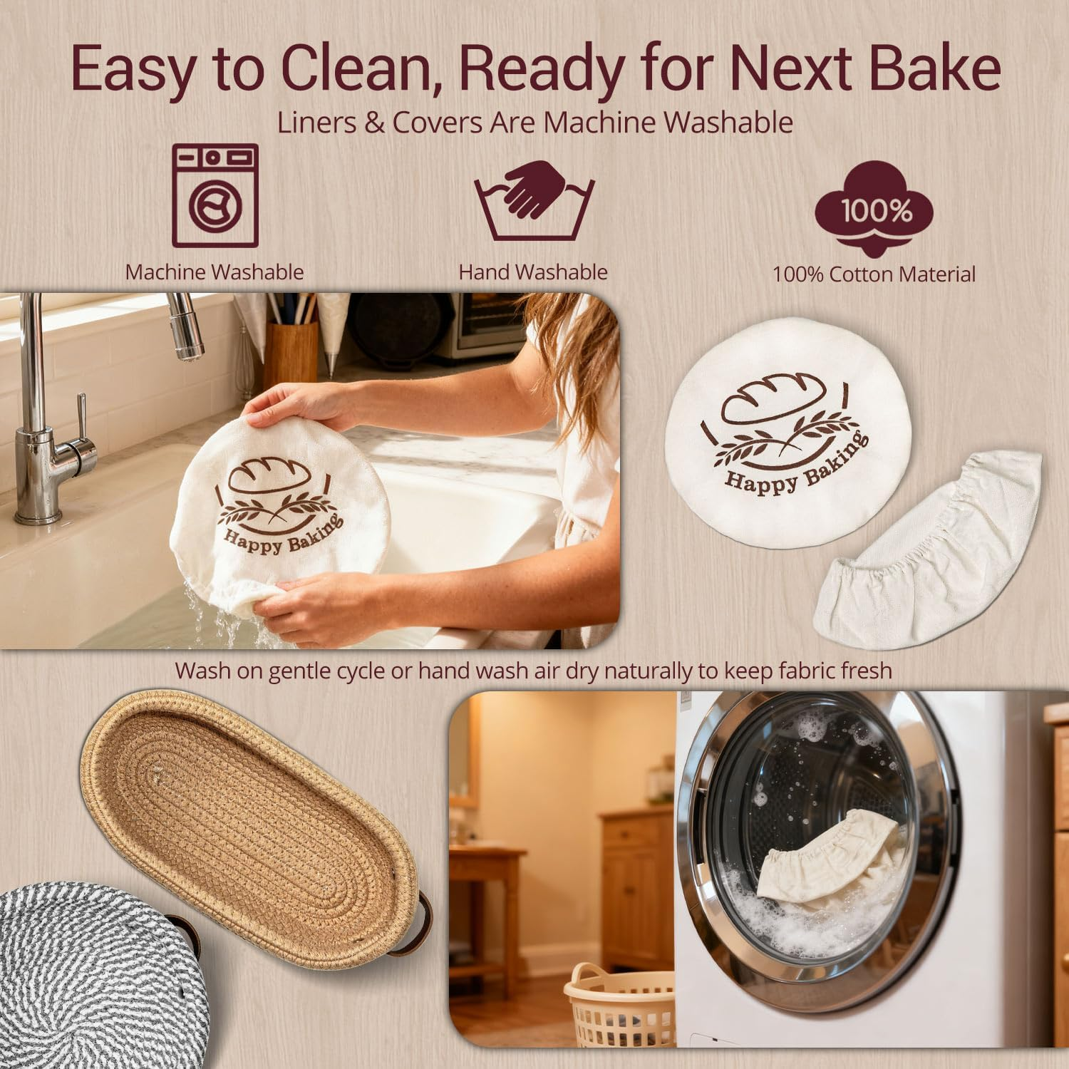 Sourdough Bread Proofing Basket Set - 9" Round & 10" Oval with Liners