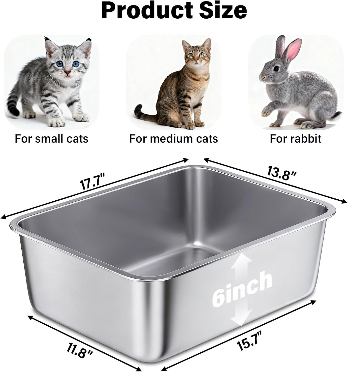 Stainless Steel Litter Box - High-Sided, Odor-Resistant Pan for Cats & Small Pets