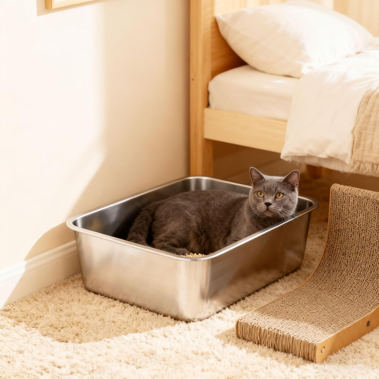 Stainless Steel Litter Box - High-Sided, Odor-Resistant Pan for Cats & Small Pets