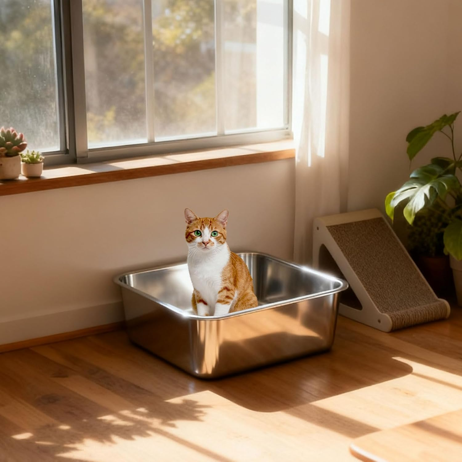 Stainless Steel Litter Box - High-Sided, Odor-Resistant Pan for Cats & Small Pets