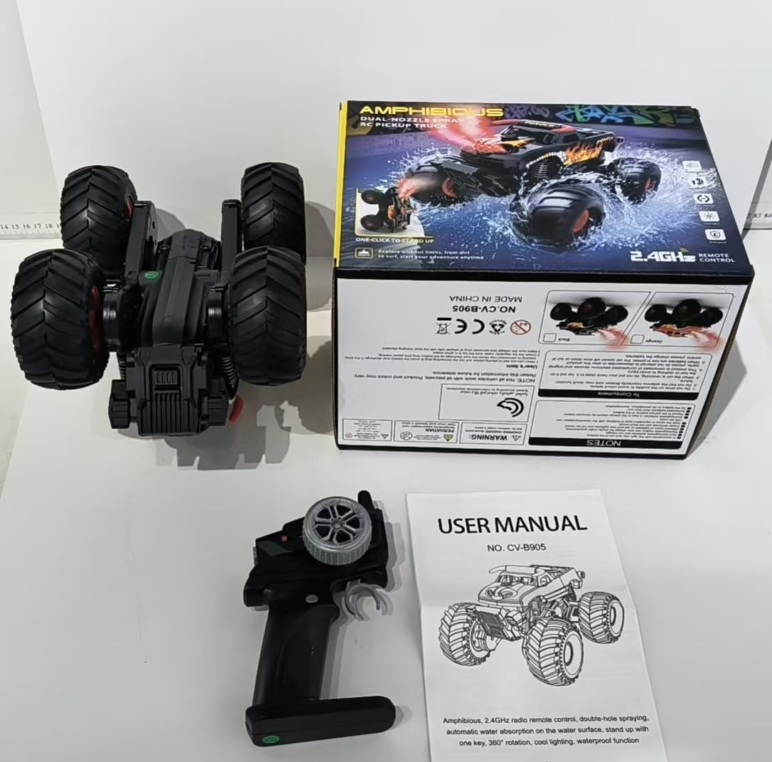 Amphibious RC Truck Car for Kids - High Speed Remote Control Waterproof Toy with LED Lights, 60 Min Battery - Black M