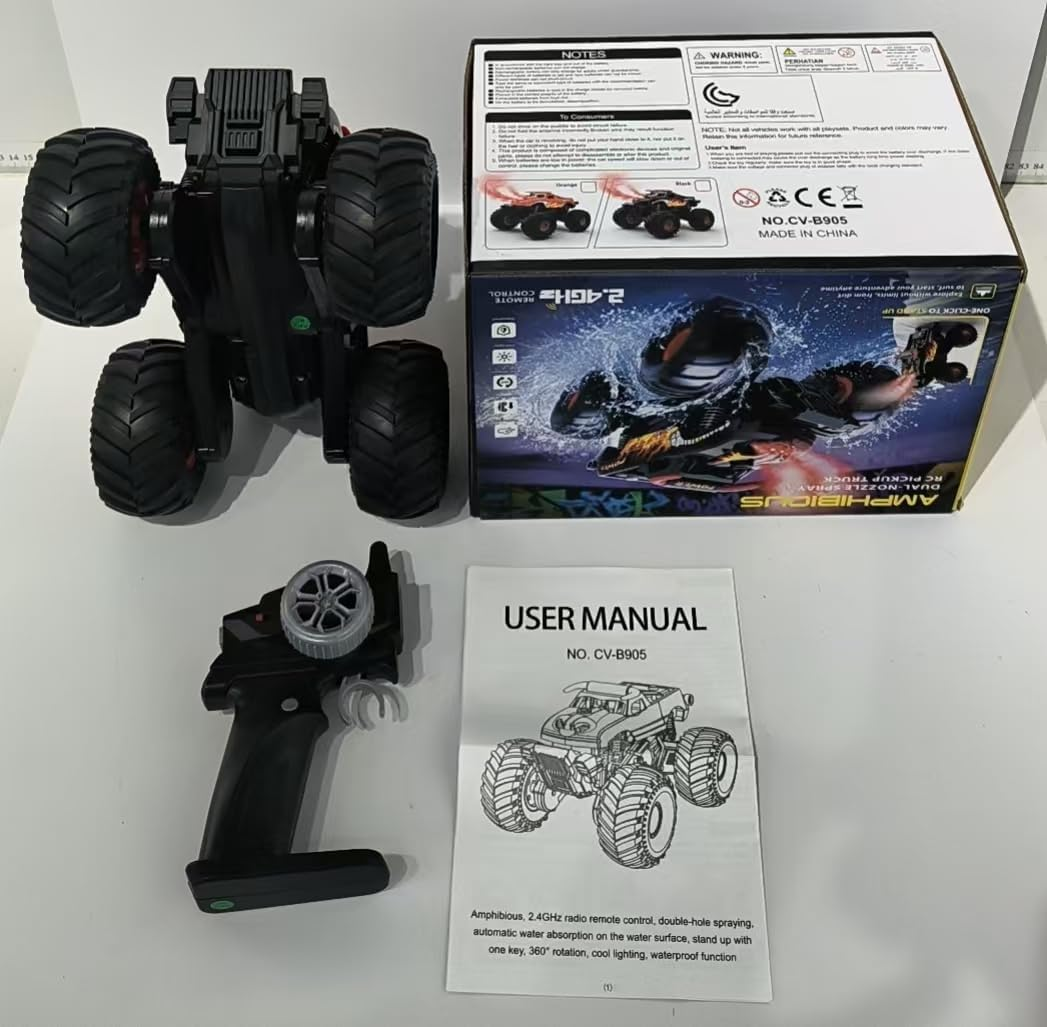 Amphibious RC Truck Car for Kids - High Speed Remote Control Waterproof Toy with LED Lights, 60 Min Battery - Black M