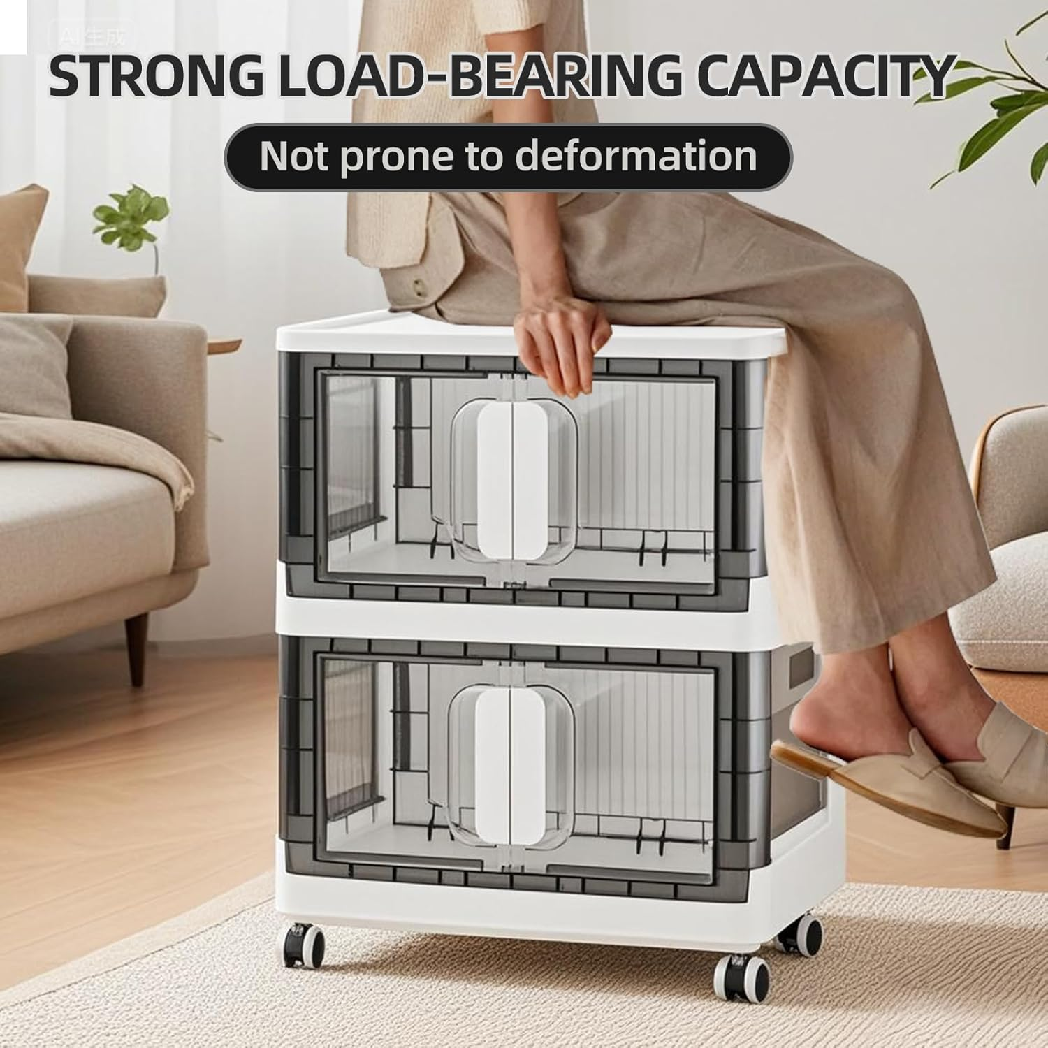 This heavy-duty plastic storage bin combines practical design with quiet operation