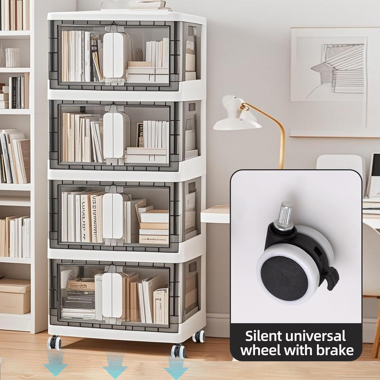 This heavy-duty plastic storage bin combines practical design with quiet operation