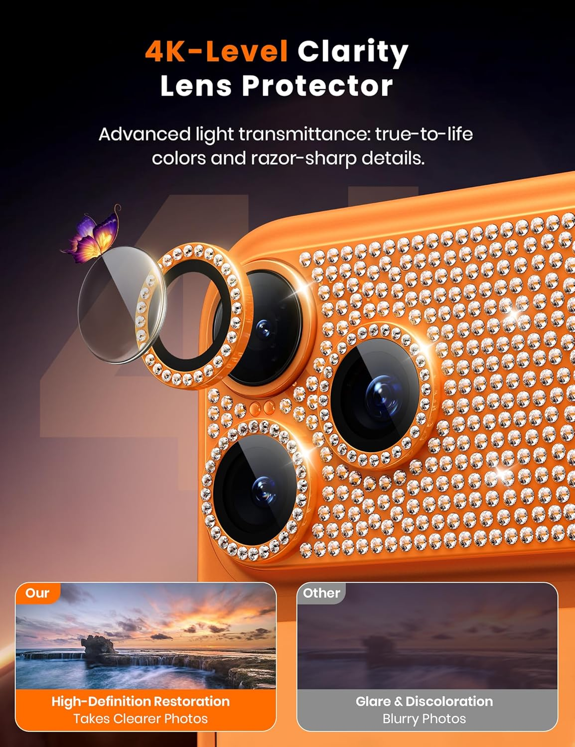 iPhone 17 Pro Max Camera Lens Protector - 9H Tempered Glass with Metal Frame (Cosmic Orange)