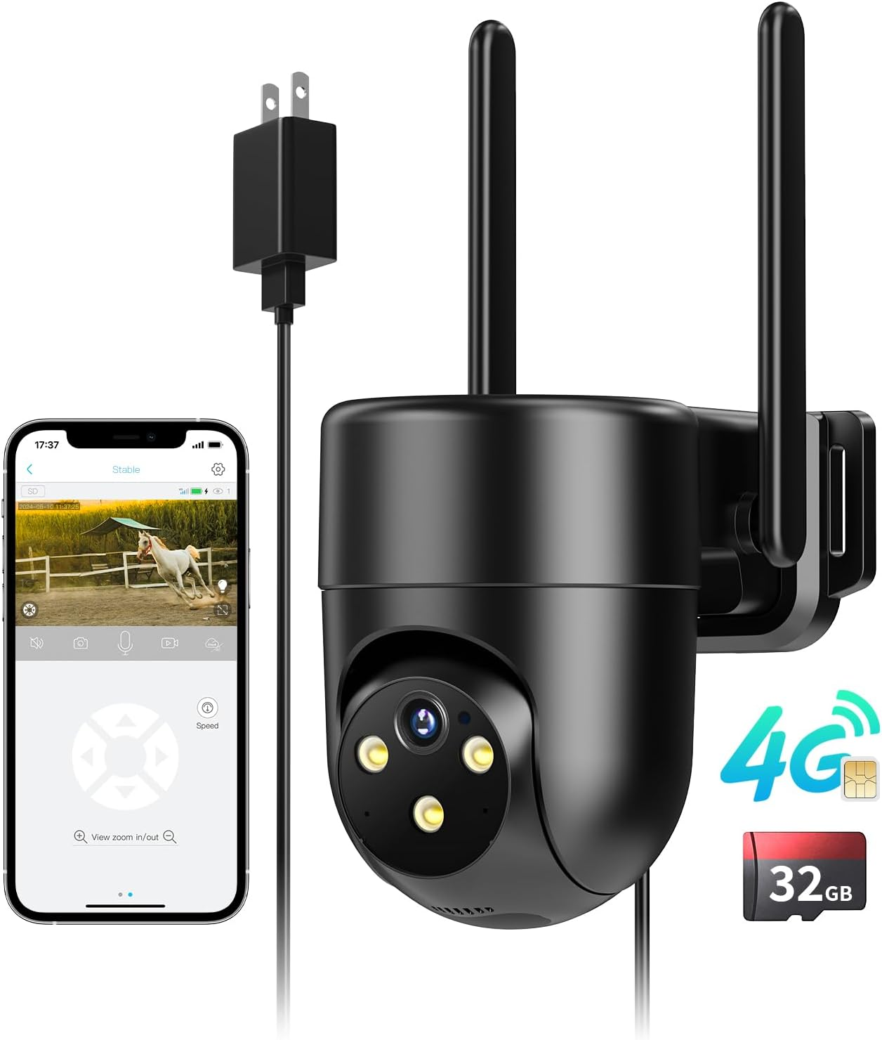 4G LTE Cellular Security Camera Outdoor - No WiFi, 360° View, 2K Color Night Vision, 24/7 Recording