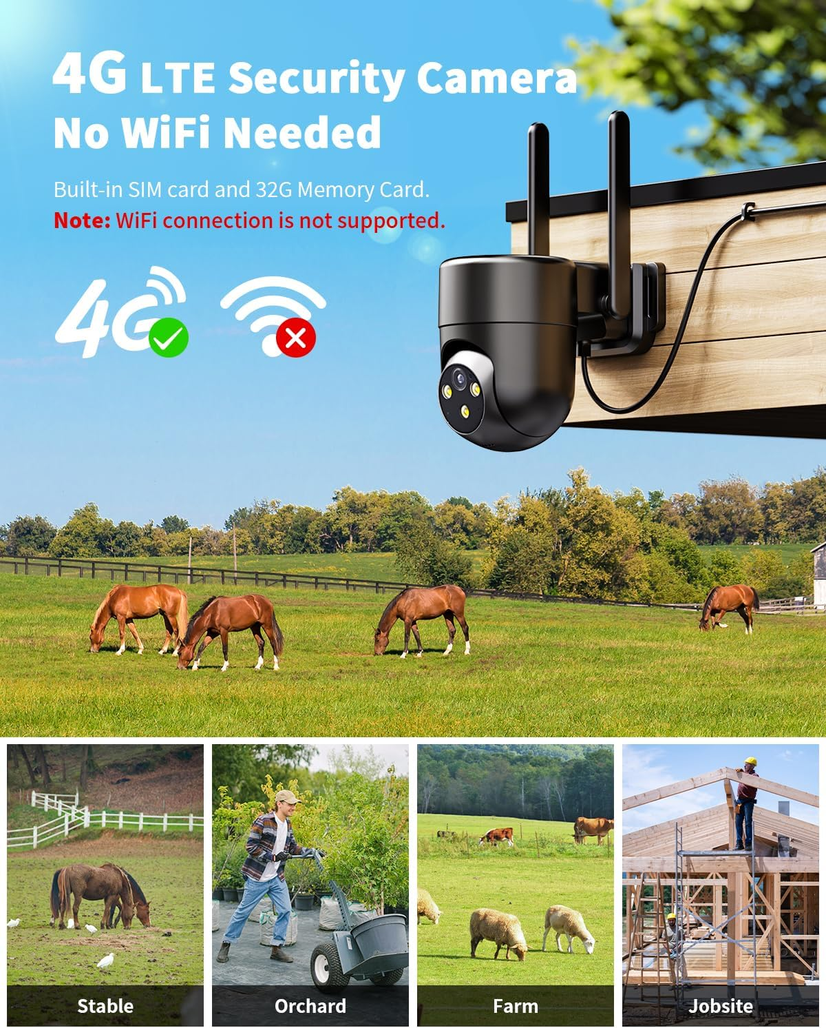 4G LTE Cellular Security Camera Outdoor - No WiFi, 360° View, 2K Color Night Vision, 24/7 Recording