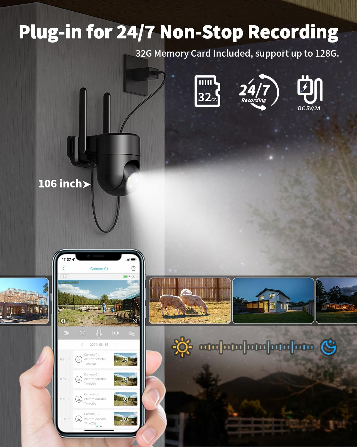 4G LTE Cellular Security Camera Outdoor - No WiFi, 360° View, 2K Color Night Vision, 24/7 Recording