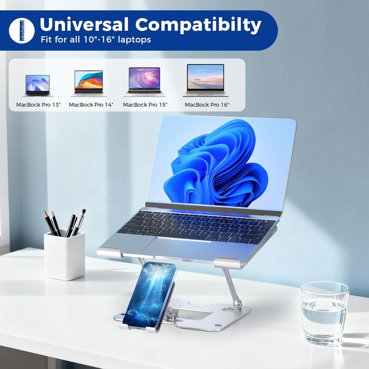 Adjustable Laptop Stand 2-in-1 Phone Holder - Ergonomic Desk Riser for Home Office