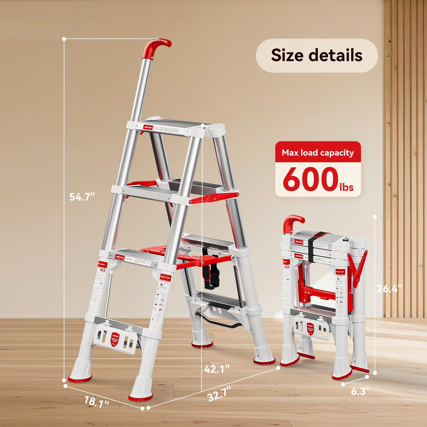 Telescoping A-Frame Ladder 4-Step Aluminum - 600lbs Capacity with Safety Lock & Compact 3.5ft Storage