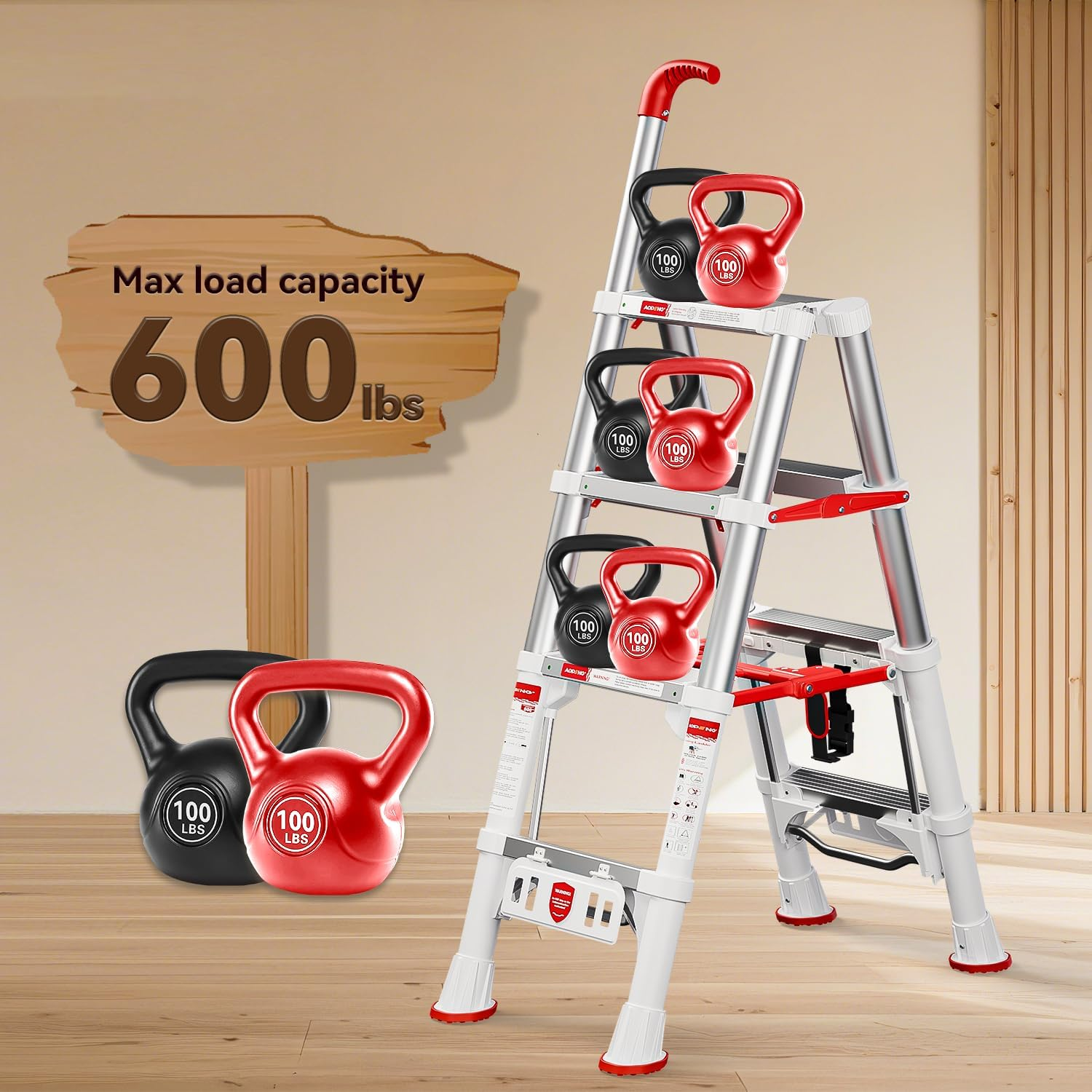 Telescoping A-Frame Ladder 4-Step Aluminum - 600lbs Capacity with Safety Lock & Compact 3.5ft Storage