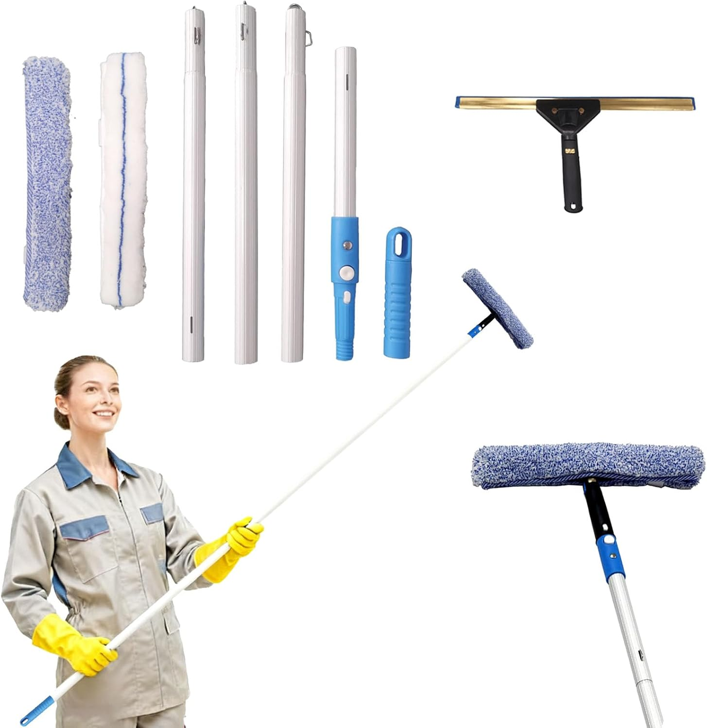 Window Cleaning Kit with 4.13ft Extension Pole - Professional Squeegee Set with Microfiber Scrubber & Silicone Scraper for High Windows