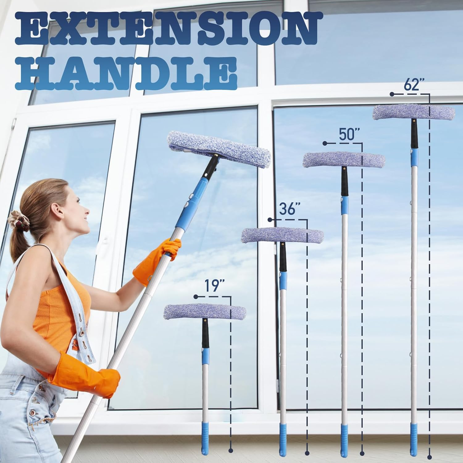 Window Cleaning Kit with 4.13ft Extension Pole - Professional Squeegee Set with Microfiber Scrubber & Silicone Scraper for High Windows