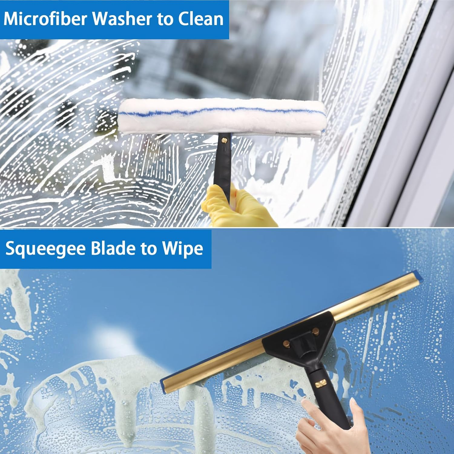 Window Cleaning Kit with 4.13ft Extension Pole - Professional Squeegee Set with Microfiber Scrubber & Silicone Scraper for High Windows