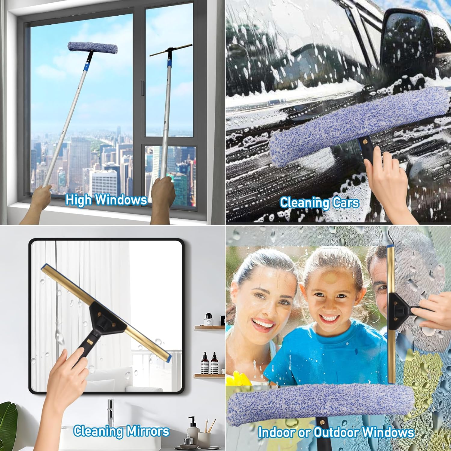 Window Cleaning Kit with 4.13ft Extension Pole - Professional Squeegee Set with Microfiber Scrubber & Silicone Scraper for High Windows