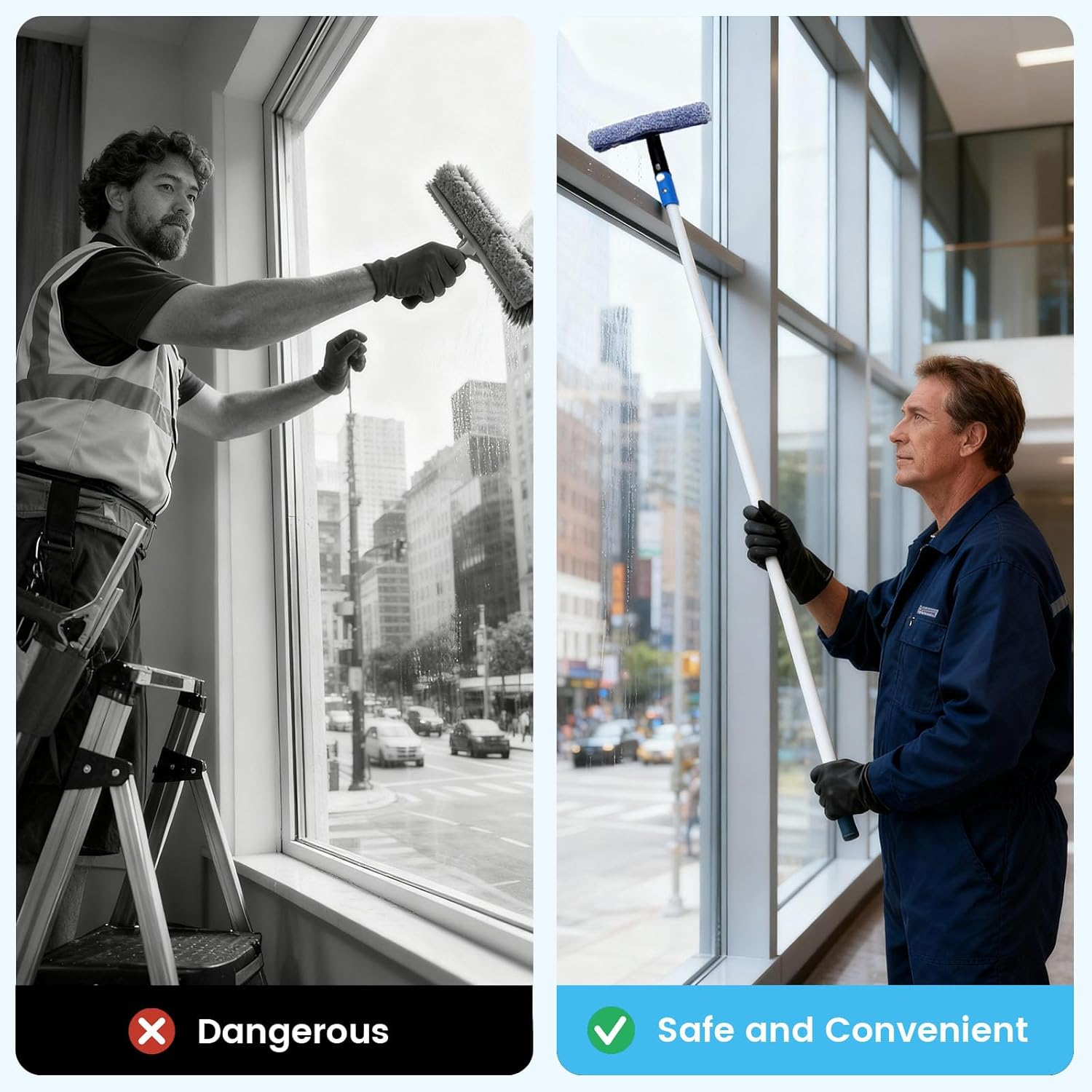 Window Cleaning Kit with 4.13ft Extension Pole - Professional Squeegee Set with Microfiber Scrubber & Silicone Scraper for High Windows