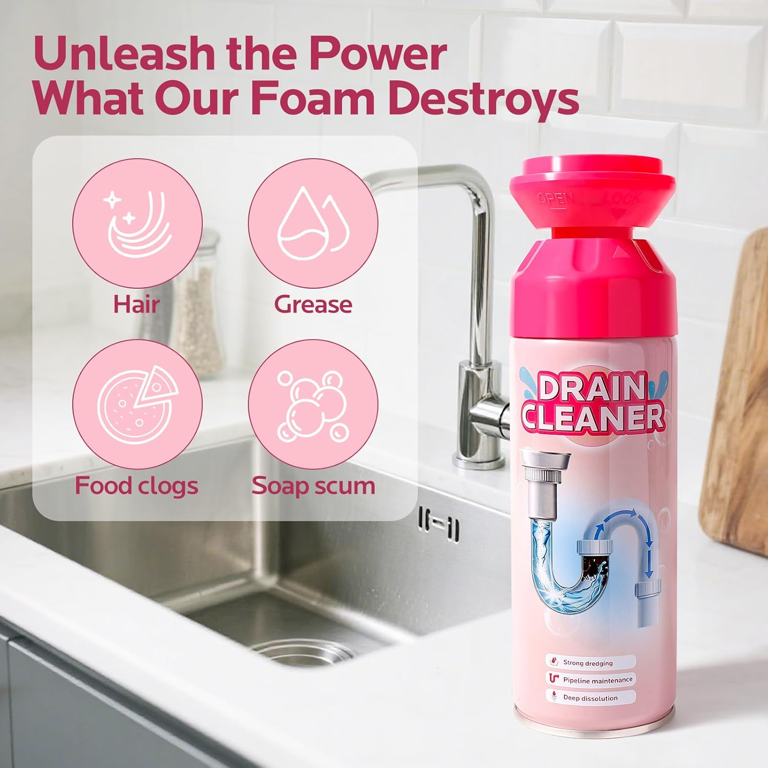 Foaming Drain Cleaner & Clog Remover - Professional Sink & Pipe Opener for Kitchen, Bathroom, Toilet, Tubs & Showers (1 Pack)