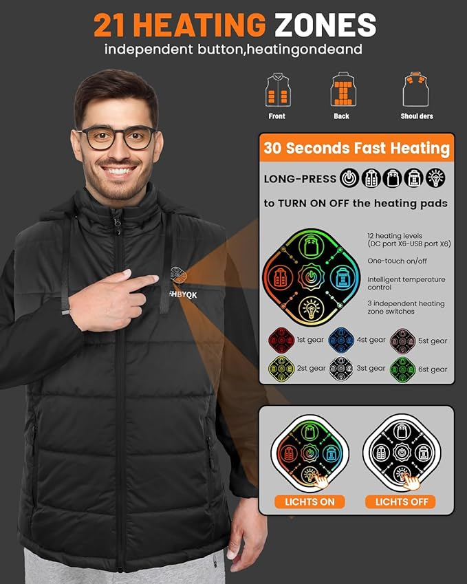 21-Zone Heated Vest - Smart Temperature Control Jacket for Men & Women | 5-in-1 Controller
