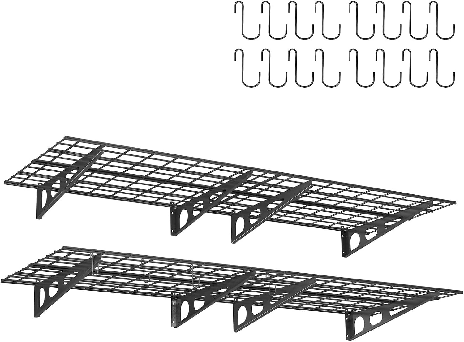 Heavy Duty Garage Wall Shelving - 2 Pack 24x36 Inch Metal Floating Shelves with Hooks, 1400 lbs Capacity for Workshop Storage