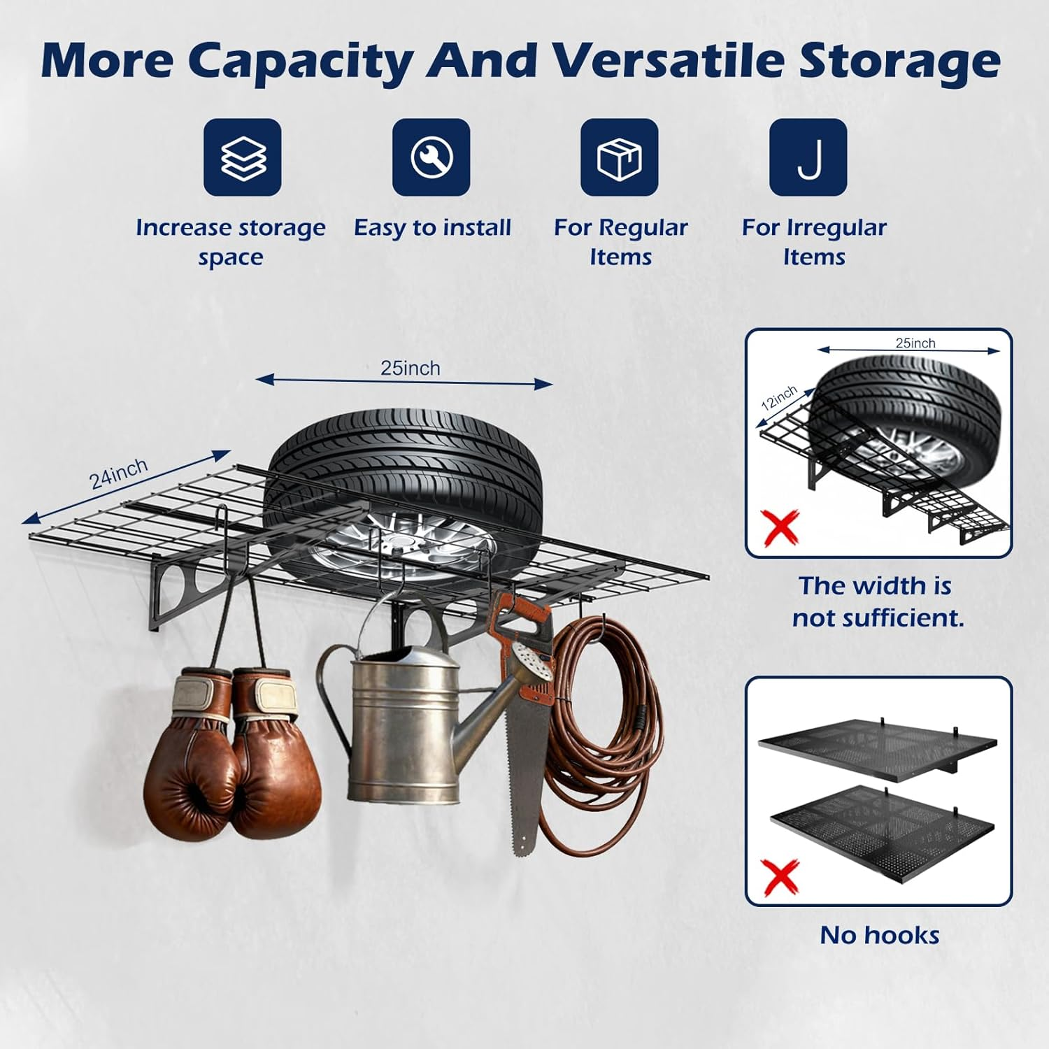 Heavy Duty Garage Wall Shelving - 2 Pack 24x36 Inch Metal Floating Shelves with Hooks, 1400 lbs Capacity for Workshop Storage