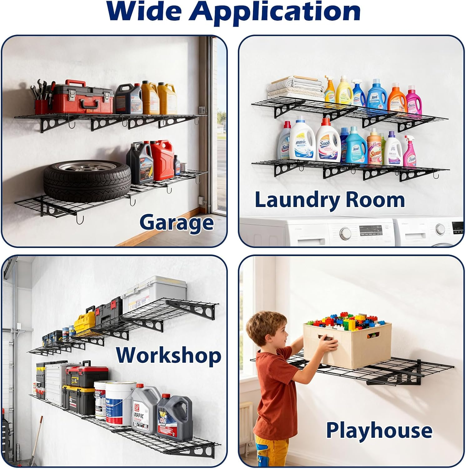 Heavy Duty Garage Wall Shelving - 2 Pack 24x36 Inch Metal Floating Shelves with Hooks, 1400 lbs Capacity for Workshop Storage