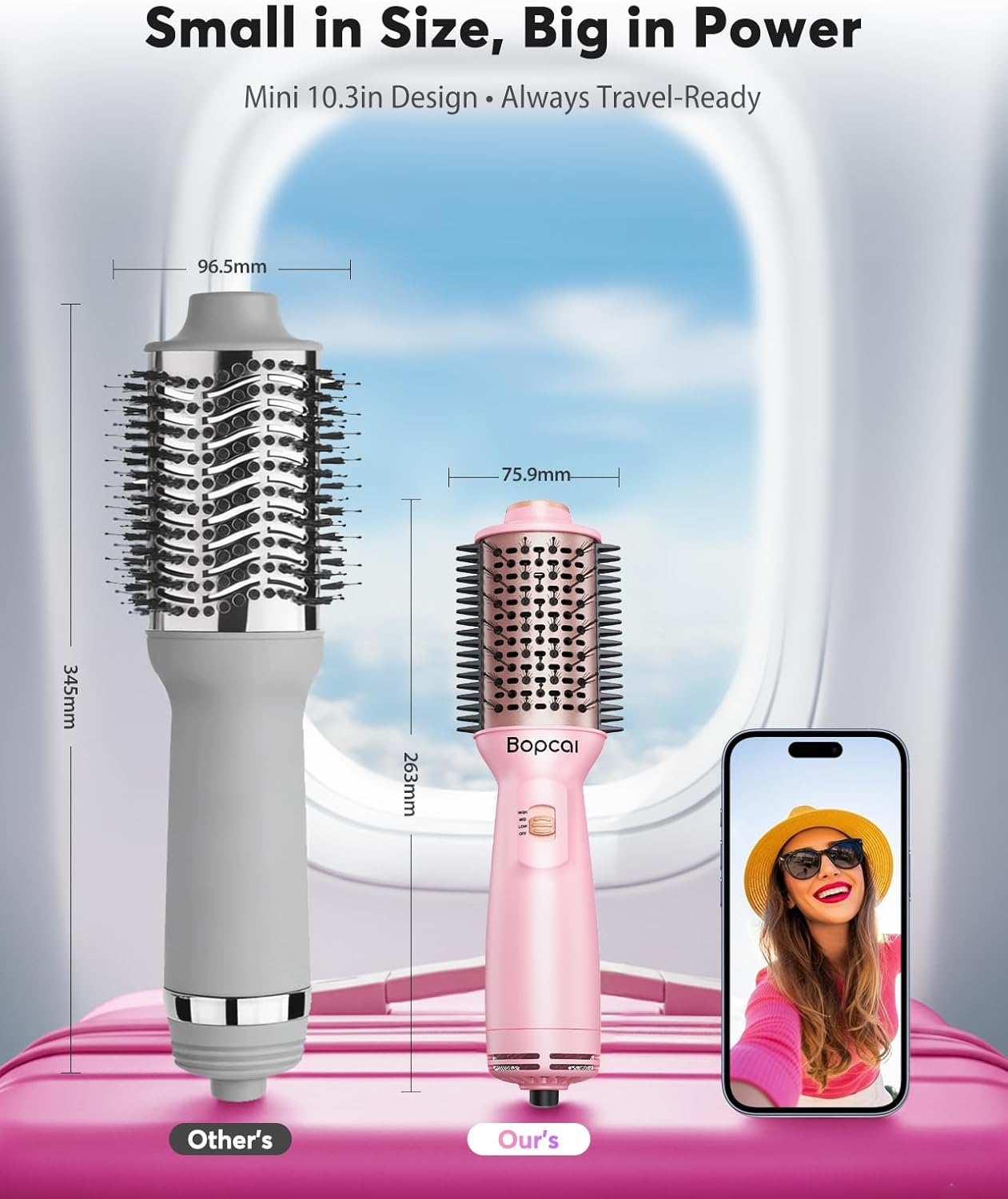 Dual Voltage Travel Blow Dryer Brush - Mini 4-in-1 Hot Air Brush with Ionic Technology | 100-240V