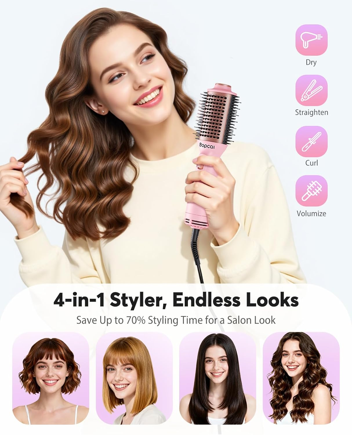 Dual Voltage Travel Blow Dryer Brush - Mini 4-in-1 Hot Air Brush with Ionic Technology | 100-240V