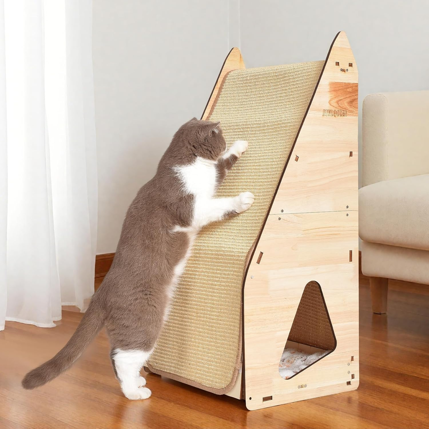 Wood-Framed Cat Scratching Post - Multi-Level Cat Tree with Sisal Posts, Hideaway & Bed for Multiple Cats