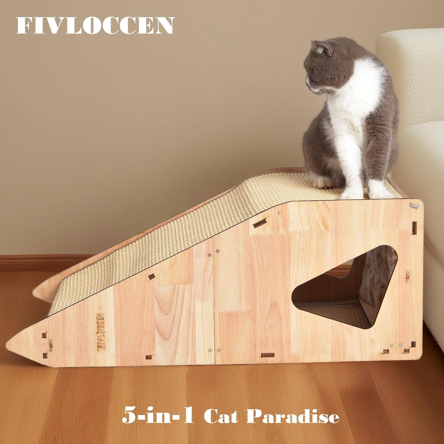 Wood-Framed Cat Scratching Post - Multi-Level Cat Tree with Sisal Posts, Hideaway & Bed for Multiple Cats