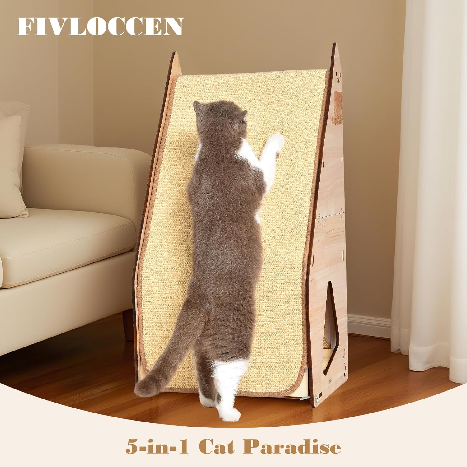 Wood-Framed Cat Scratching Post - Multi-Level Cat Tree with Sisal Posts, Hideaway & Bed for Multiple Cats