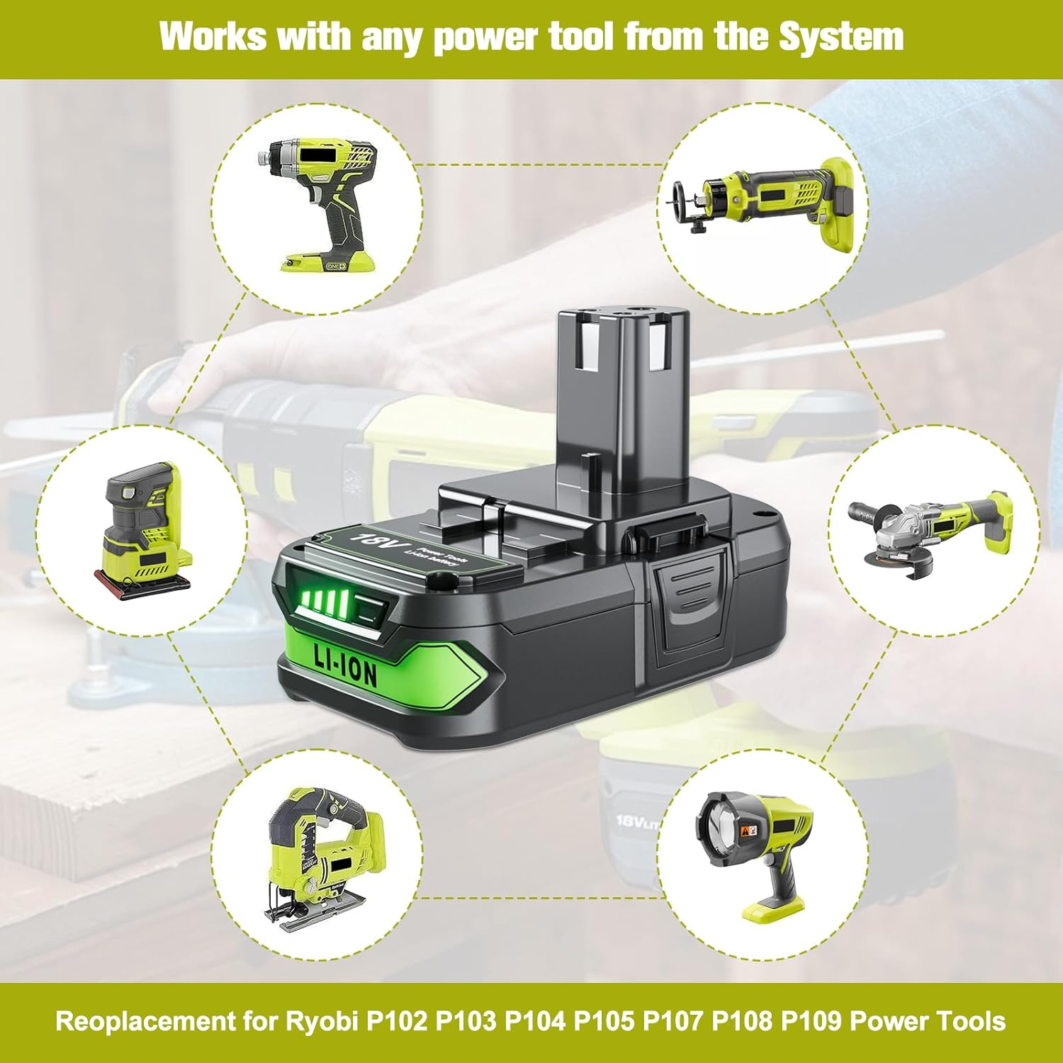 Ryobi P107 Battery Replacement 4000mAh - Compatible with Ryobi ONE+ 18V Cordless Tools