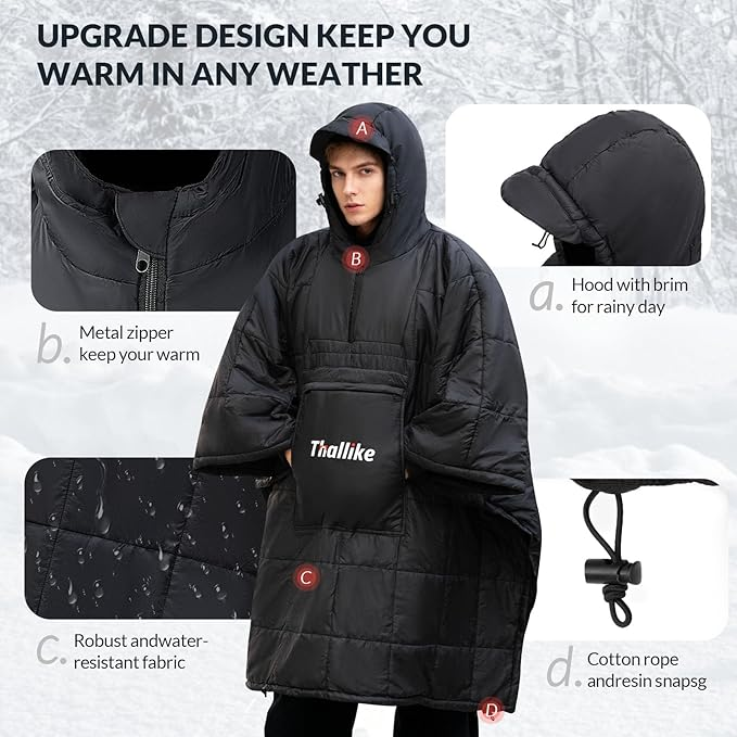 Wearable Camping Blanket Hoodie - Ultralight Windproof Sleeping Bag Poncho for Outdoor Adventures