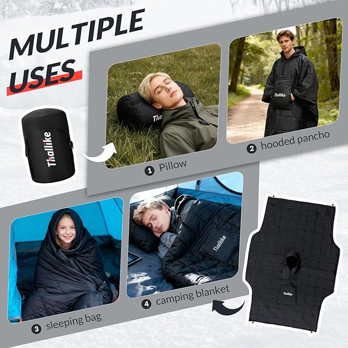 Wearable Camping Blanket Hoodie - Ultralight Windproof Sleeping Bag Poncho for Outdoor Adventures