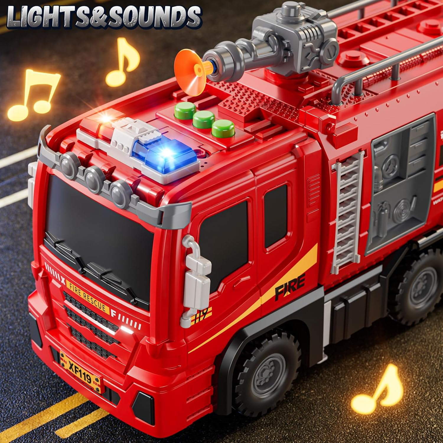 Fire Trucks Toys for Toddlers Ages 3-5, Folded Carrier Truck Race Track with with Lights & Sounds and 6 Racing Car Toys,