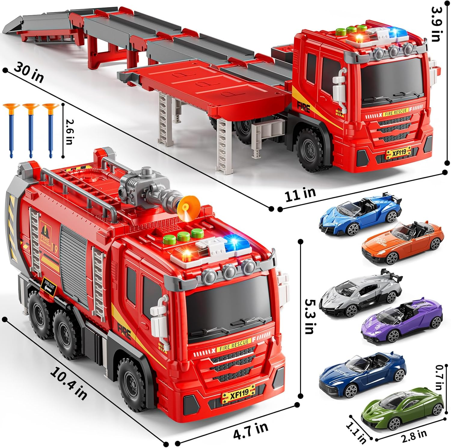 Fire Trucks Toys for Toddlers Ages 3-5, Folded Carrier Truck Race Track with with Lights & Sounds and 6 Racing Car Toys,