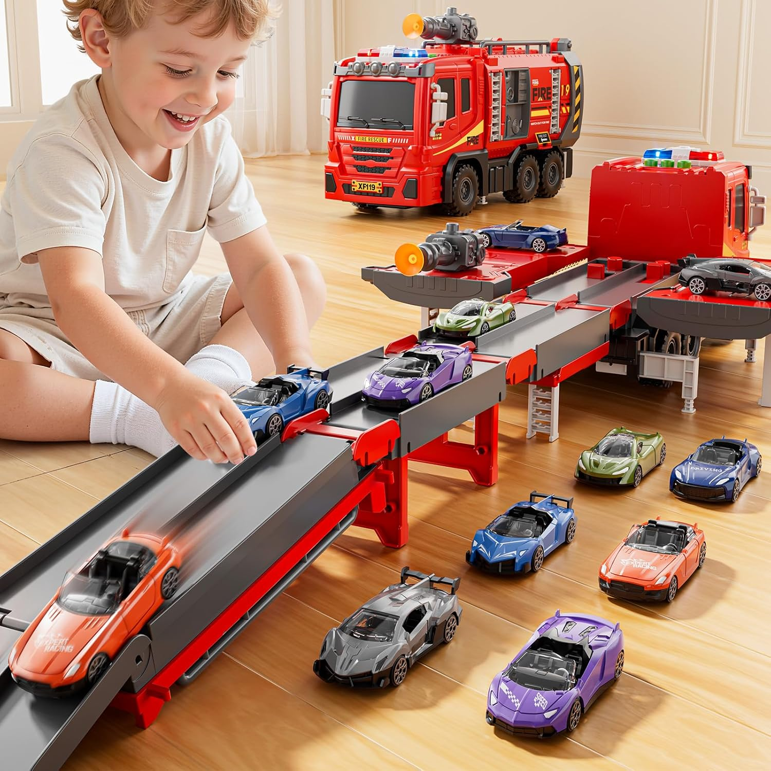 Fire Trucks Toys for Toddlers Ages 3-5, Folded Carrier Truck Race Track with with Lights & Sounds and 6 Racing Car Toys,